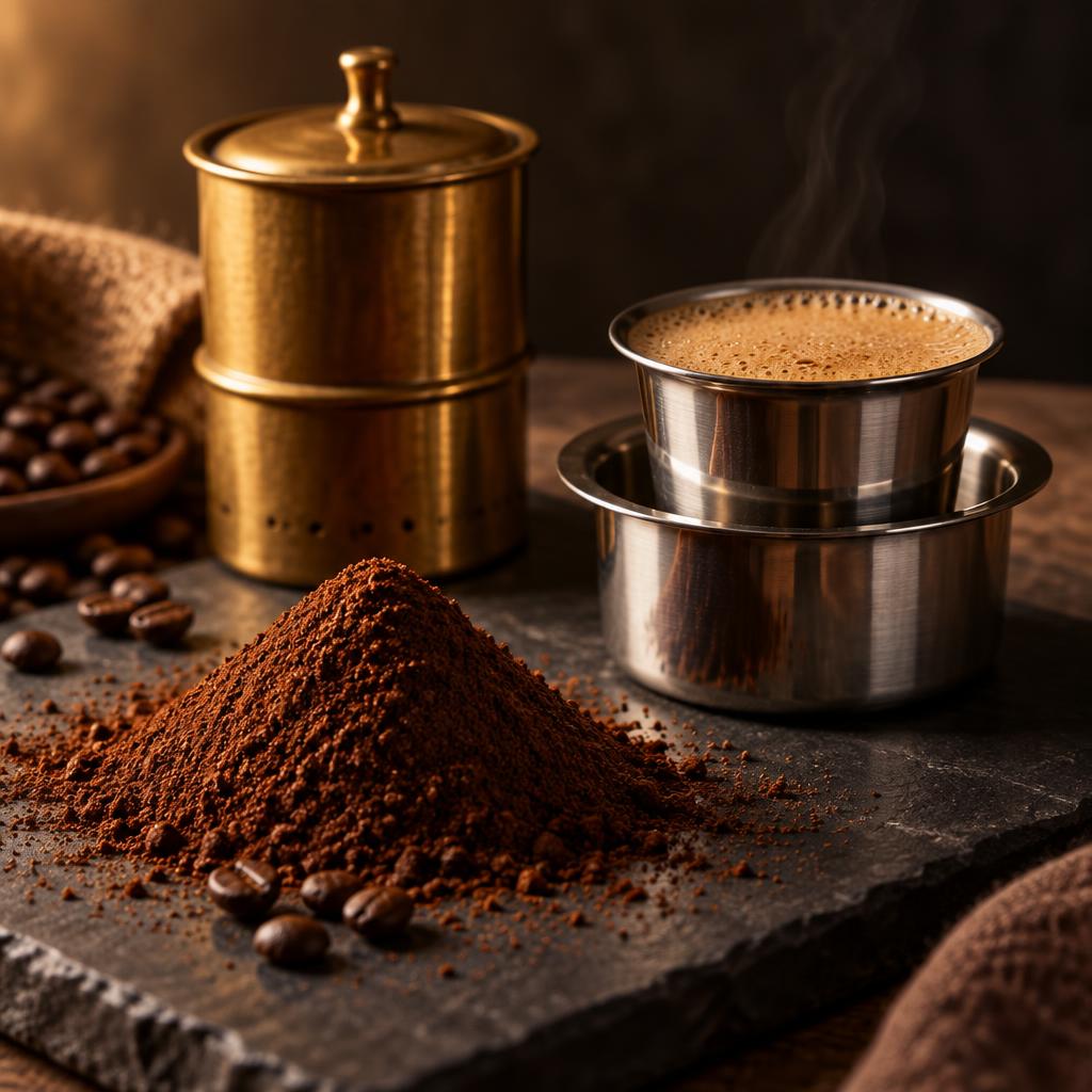 A steel tumbler of hot filter coffee with ground coffee powder nearby