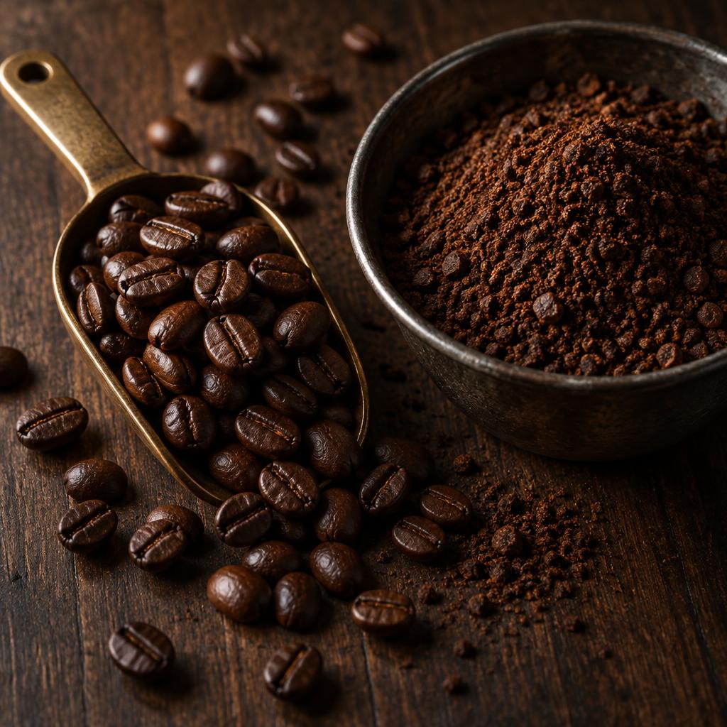 Dark roasted coffee beans in a brass scoop beside ground coffee powder